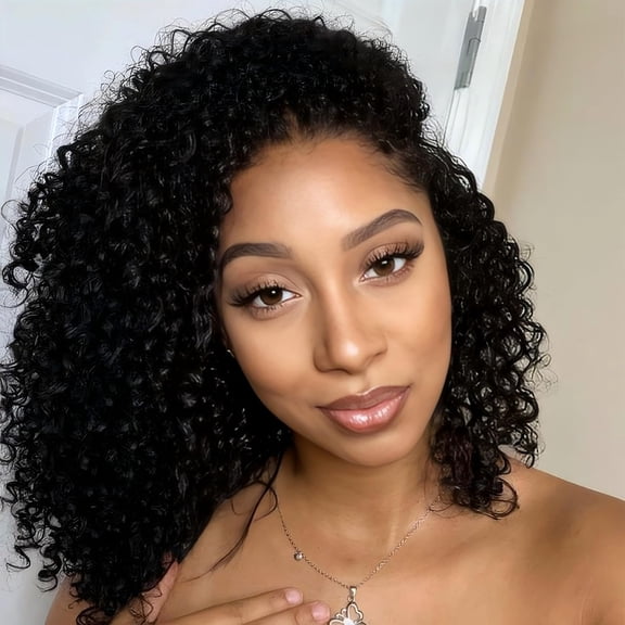 Kinky Curly Half Wig Human Hair 200 Density Wear And Go Glueless Wigs Human Hair 3 In 1 Curly Half Wigs Beginner Friendly for Black Women Drawstring Seamless Flip Over Headband Wig 12 Inch
