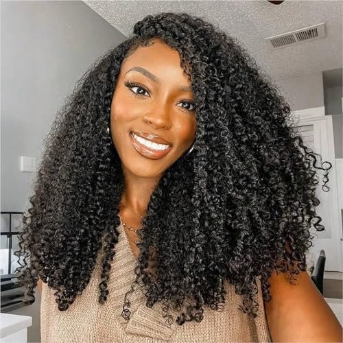 Kinky Curly Half Wig Human Hair Drawstring Seamless Flip Over Half Curly Wig Human Hair Invisible Hairline Glueless Wear and Go Wigs For Black Women Beginner Friendly 24Inch 200% Density