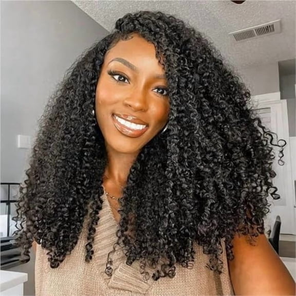 Kinky Curly Half Wig Human Hair Drawstring Seamless Flip Over Half Curly Wig Human Hair Invisible Hairline Glueless Wear and Go Wigs For Black Women Beginner Friendly 20Inch 200% Density