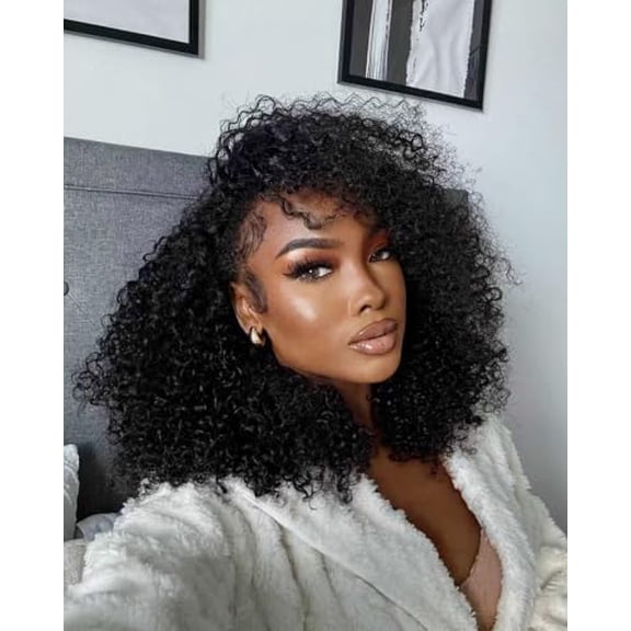 Kinky Curly Half Wig Human Hair Wear Go Glueless Wigs 16 Inch Curly 3 In 1 Half Wigs for Black Women Drawstring Seamless Flip Headband Wig Human Hair Beginner Friendly