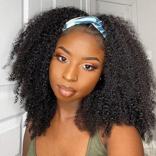 Kinky Curly Headband Wig Human Hair 16 Inch Headband Wigs for Women Human Hair Glueless None Lace Front Curly Wave Wigs Brazilian Virgin Hair Wear and Go Glueless Wig 150% Density Black Color
