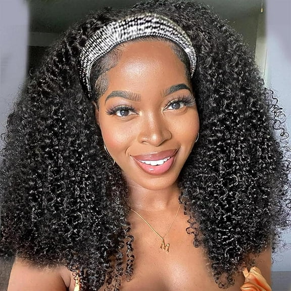 Kinky Curly Headband Wig Human Hair Glueless Wigs Human Hair Curly for Black Women None Lace Front Brazilian Virgin Human Hair Wigs Curly Headband Wig 150% Density Natural Color 18 inch