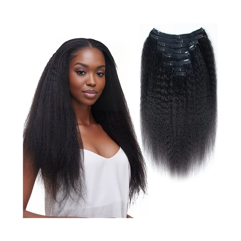 Kinky Straight Clip in Hair Extensions 8Pcs Real Human Hair Clip in Extensions 12-26 Inches Double Weft Brazilian Remy Hair Extensions for Black Women