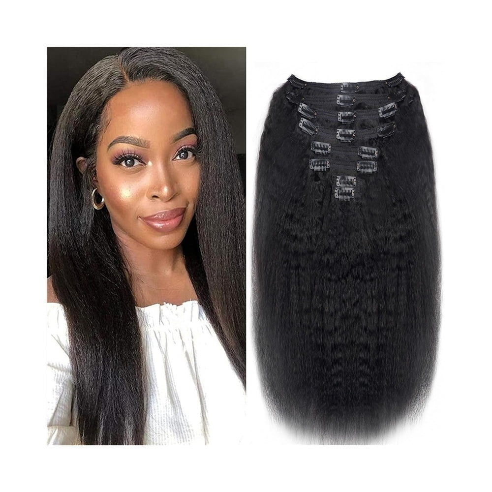 Kinky Straight Clip In Hair Extensions for Black Women Real Human Hair Natural Black 8Pcs 120g Full Head Yaki Straight Clip in Extensions