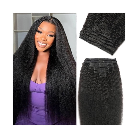 Kinky Straight Clip in Hair Extensions Clip Ins Brazilian 100% Remy Hair Extensions #1B