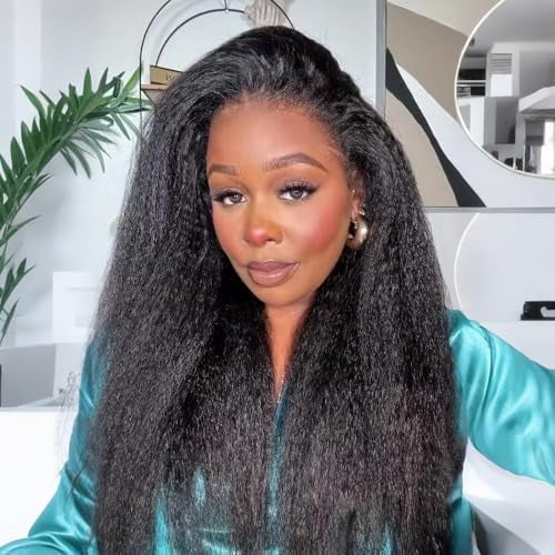 Kinky Straight Half Wig Human Hair Glueless Wear and Go Beginner Friendly Kinky Straight Wig Hair Drawstring 200 Density 3 In 1 Seamless Flip Over Half Wigs Human Hair Headband Wig for Women 20 Inch