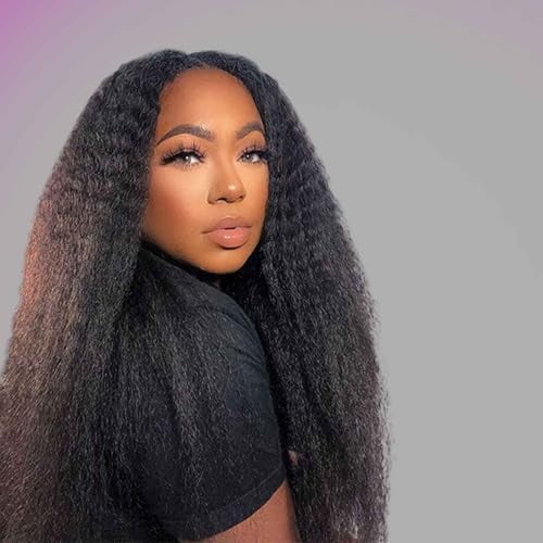 Kinky Straight Half Wig Synthetic Hair 3 in 1 Seamless Flip Over Half Wigs Glueless Wear and Go Beginner Friendly Clip In Hair Drawstring Headband Wig  Black Color for Women 20 Inch