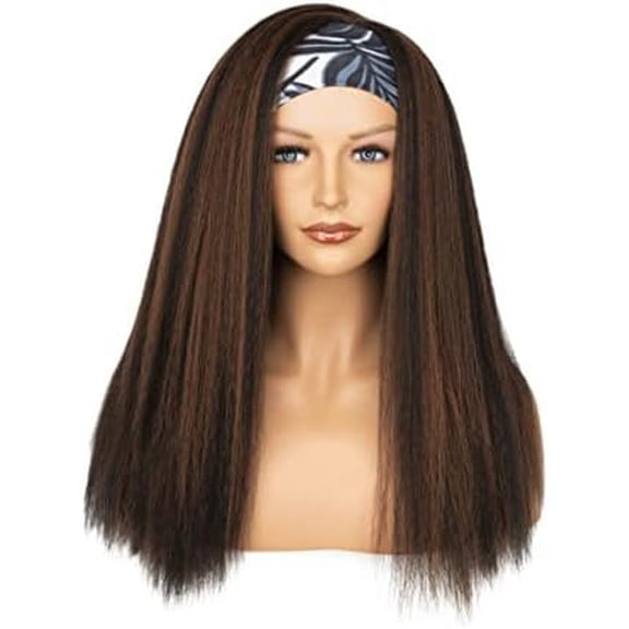 Kinky Straight Headband Wig, Soft &  as Human Hair, Glueless Headband Wigs for Black Women, Long Black Italian Yaki Synthetic Half Wig (1B/30 Highlight, 20 Inch)