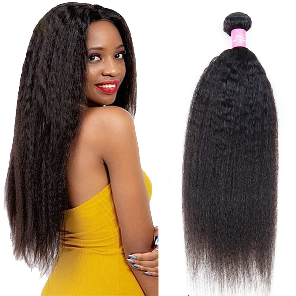 Kinky Straight Human Hair 10A Grade 1 Bundles Unprocessed Brazilian Yaki Straight Human Hair Bundles Sew in Hair Extensions Natural Black (24inch)