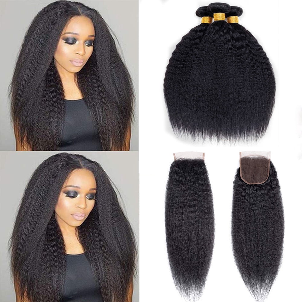 Kinky Straight Human Hair 3 Bundles With Closure Free Part Natural Black(24 26 28with 20)