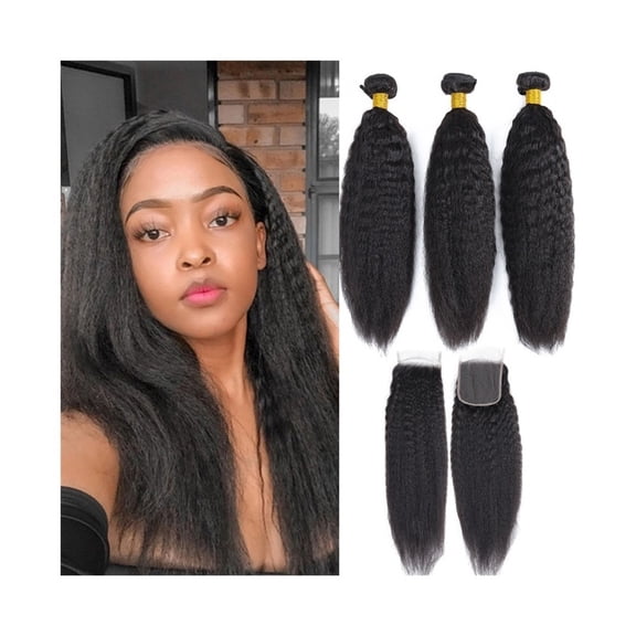 Kinky Straight Human Hair Bundles with 4×4 Lace Cosure Pre Plucked Natural Hairline
