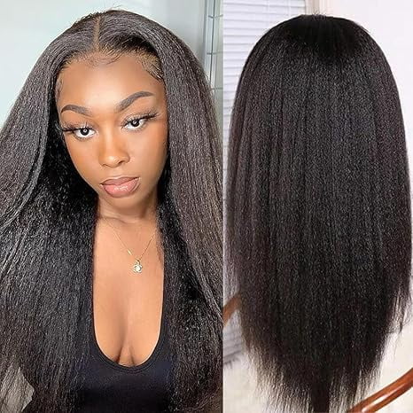 Kinky Straight Human Hair Wig 360 Lace Front Wigs Human Hair 180% Density Yaki Straight Human Hair Wig 24 Inch 360 Lace Frontal Wigs Human Hair for Women Natural Color