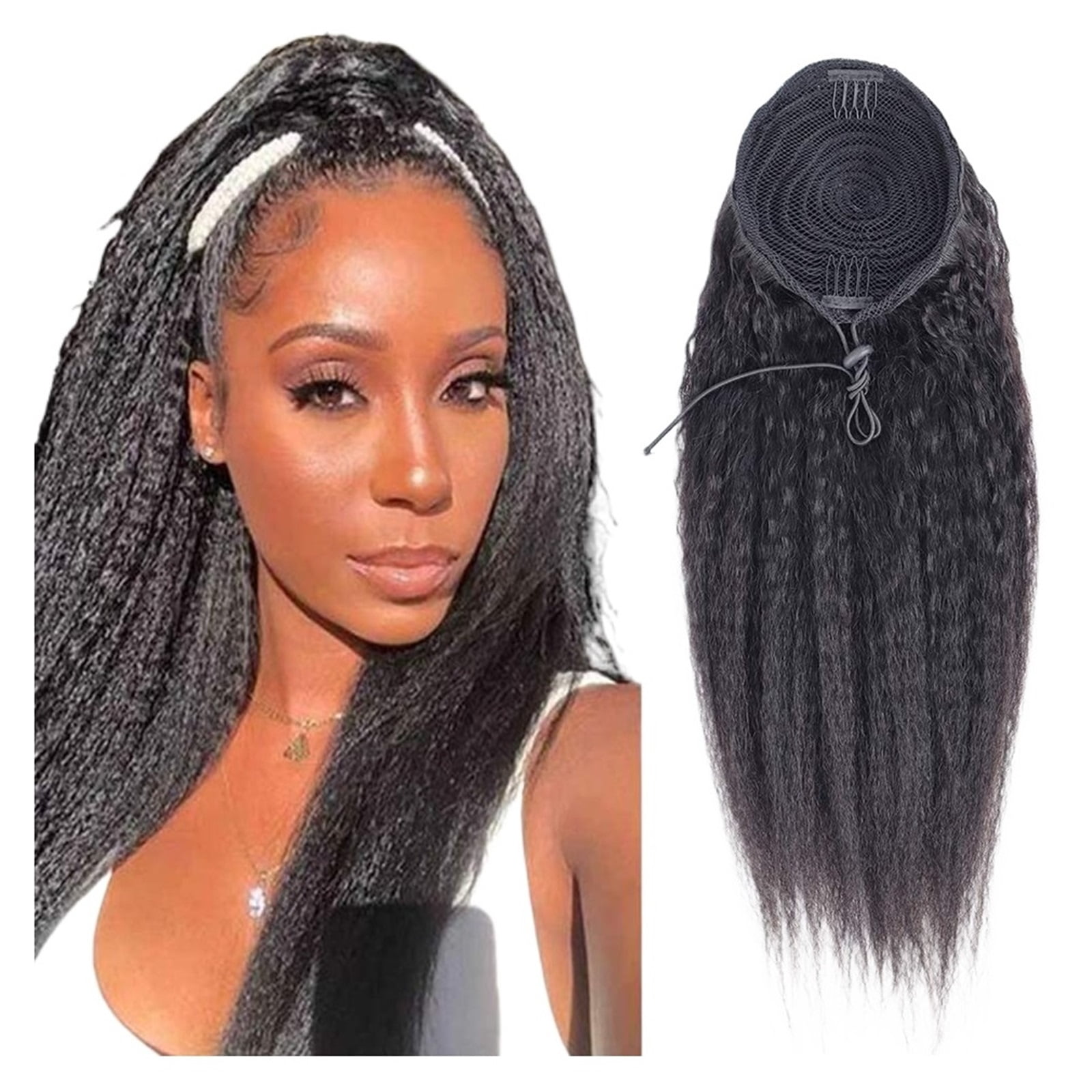Kinky Straight Ponytail Extension Brazilian Human Hair Wrap Around Drawstring Ponytail for Women