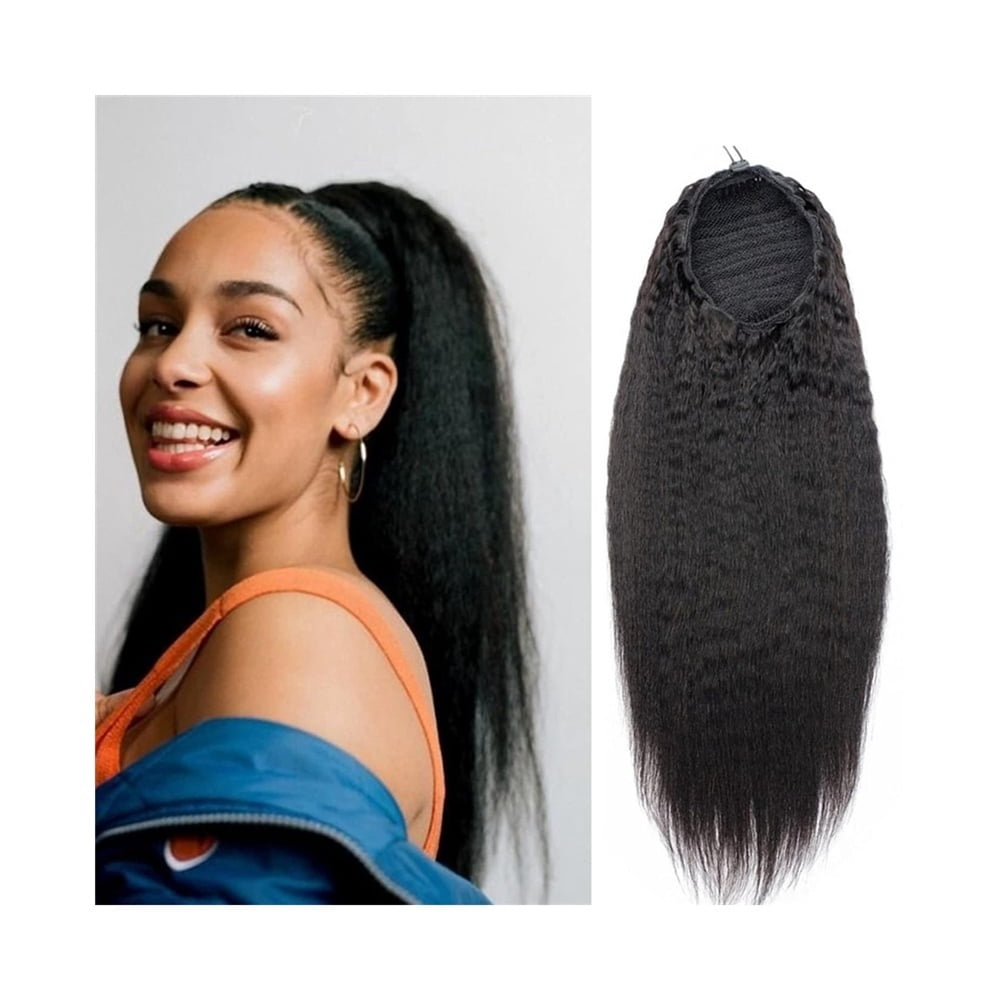 Kinky Straight Ponytail Real Human Hair Extension Natural Black Yaki Straight Brazilian Remy Hair Drawstring Ponytail Extension Clip In Hair Piece
