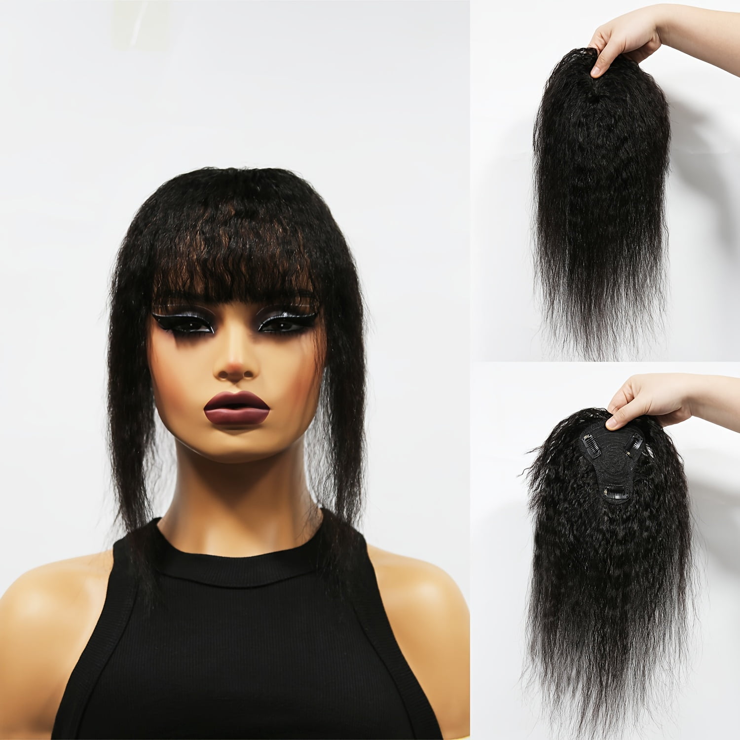 Kinky Straight Topper Hair With Bangs T Shape For Women Adding Hair