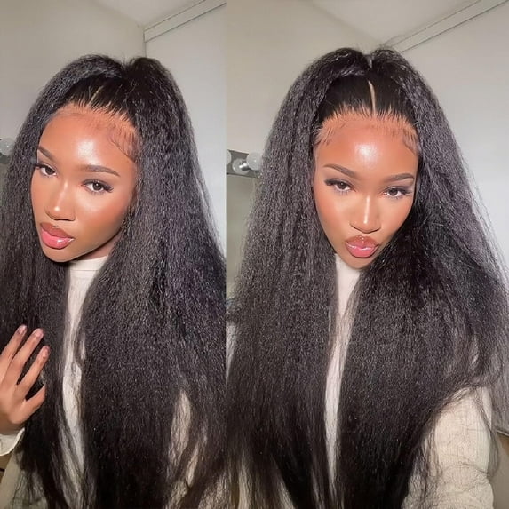 Kinky Straight Wig Yaki Straight Human Hair Wig 24Inch Kinky Straight Human Hair Wig 180 Density Brazilian Lace Front Wig Human Hair Kinky Curly Natural Color