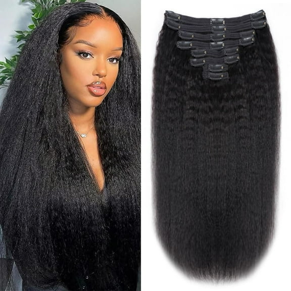 Kinky Yaki Straight Human Hair Extensions 14 inch Full Head Clip ins for Women 100% Unprocessed Brazilian Virgin Hair Natural Black