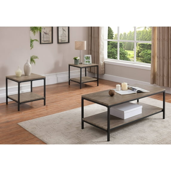 Kinley 3 Piece Coffee Table Set, Gray Wood & Black Metal, Industrial Style