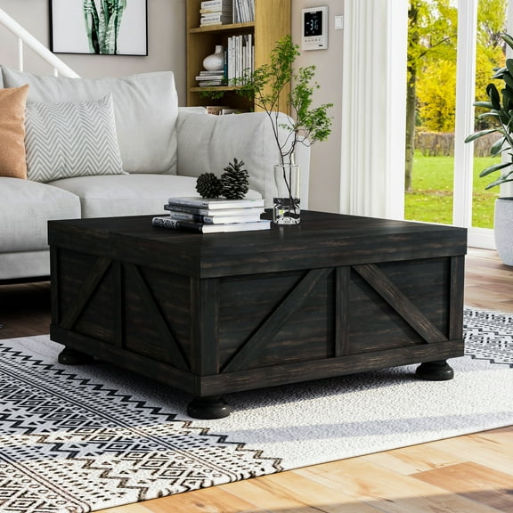 Kinleyville Hidden Storage Solid Wood Square Coffee Table, Antique Black