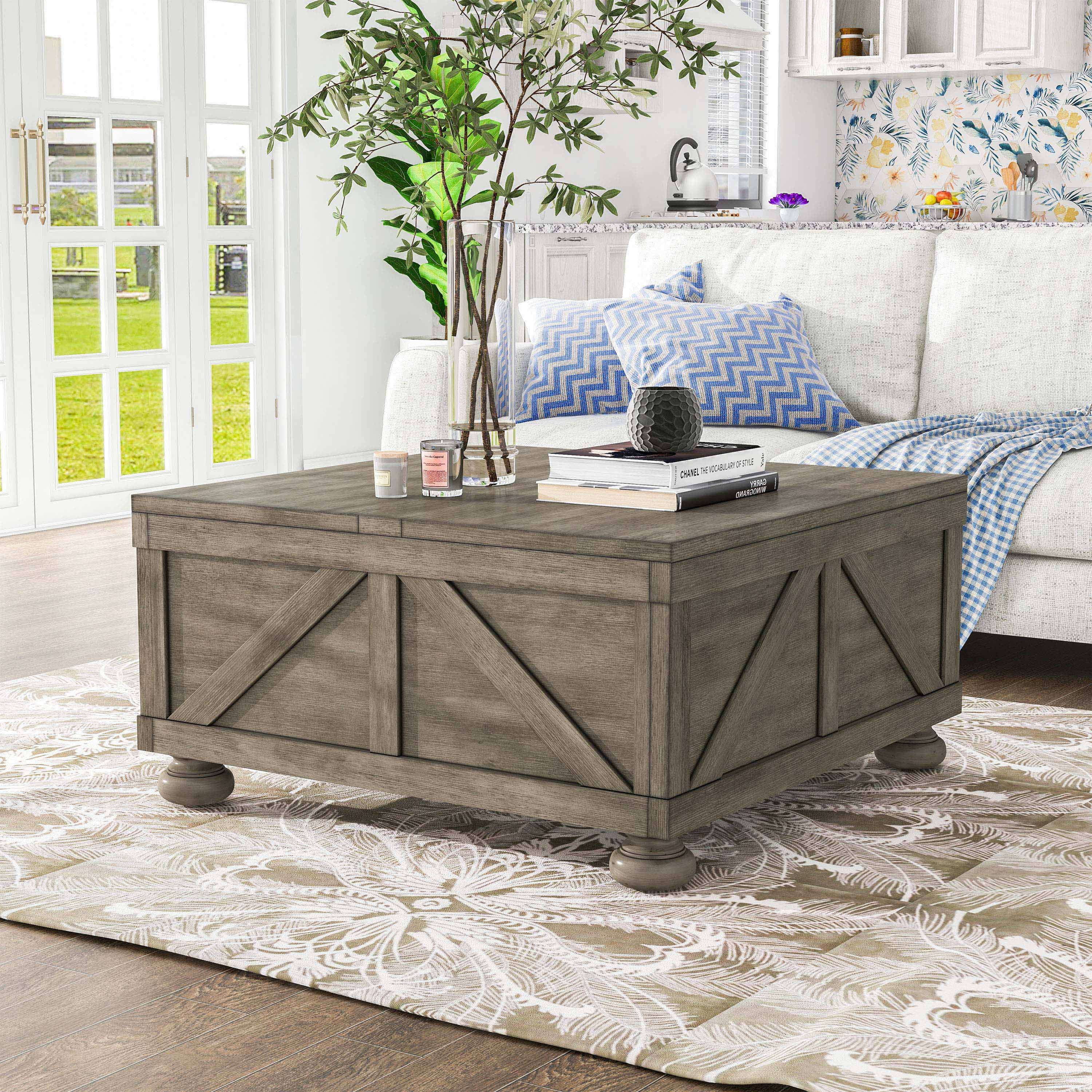 Kinleyville Hidden Storage Solid Wood Square Coffee Table, Antique Gray ...