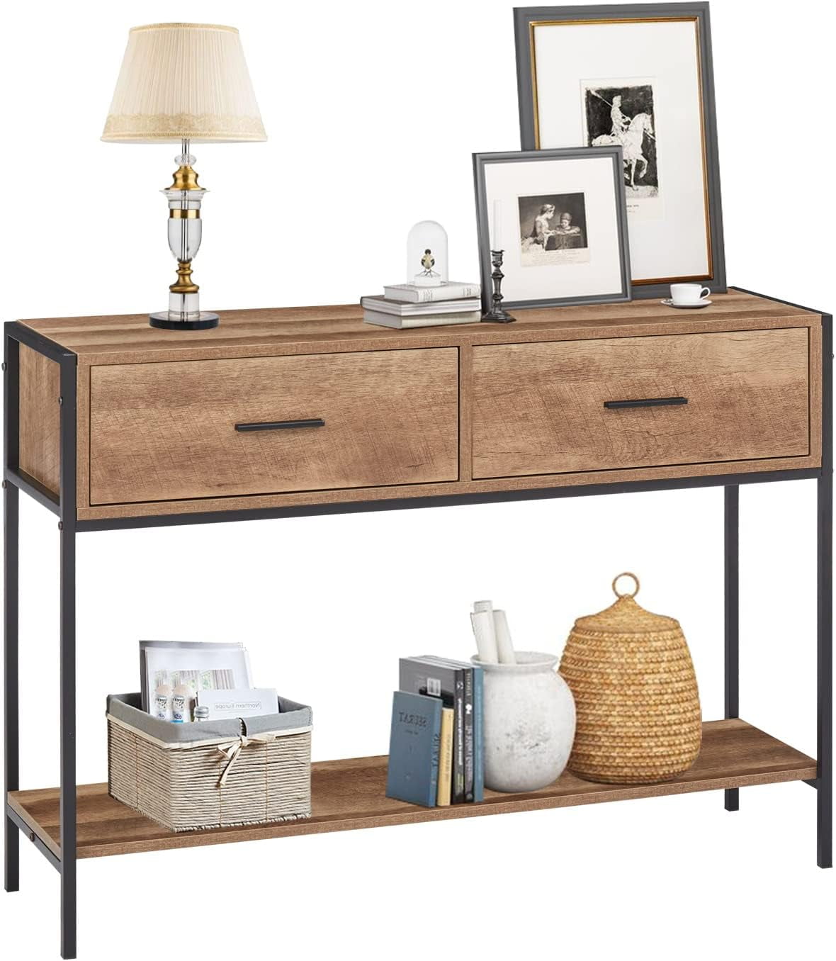 Kinlife Console Table with Drawers - Industrial Metal Frame Wood Sofa Table with Open Storage ...