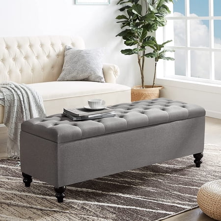 Kinmars 50.2" Ottoman with Storage, Large Storage Bench with Button-Tufted, Safety Hinge Ottoman in Upholstered Fabrics for Bedroom, Living Room(Gray)