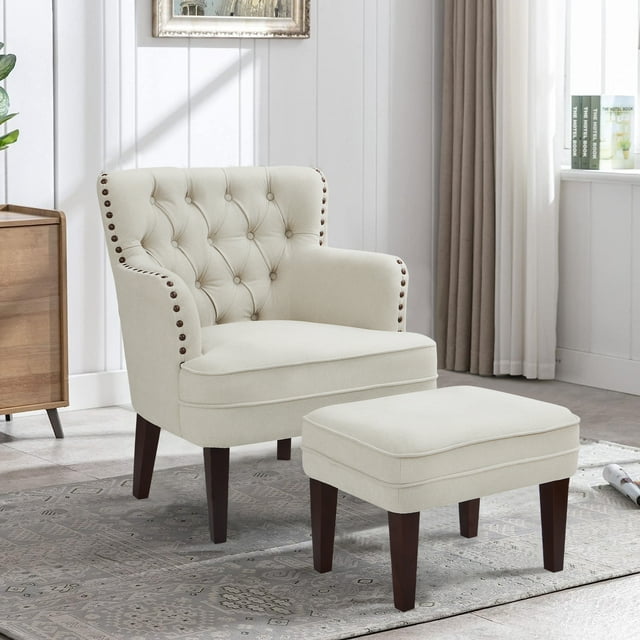 Kinmars Accent Chair with Ottoman Set, Upholstered Button Tufted Armchair for Bedroom Living