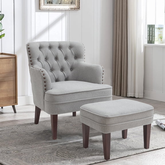Kinmars Accent Chairs with Ottoman, Comfy Reading Chair for Bedroom Living Room, Upholstered Button Tufted Lounge Club Armchair and Ottoman Set(Gray)