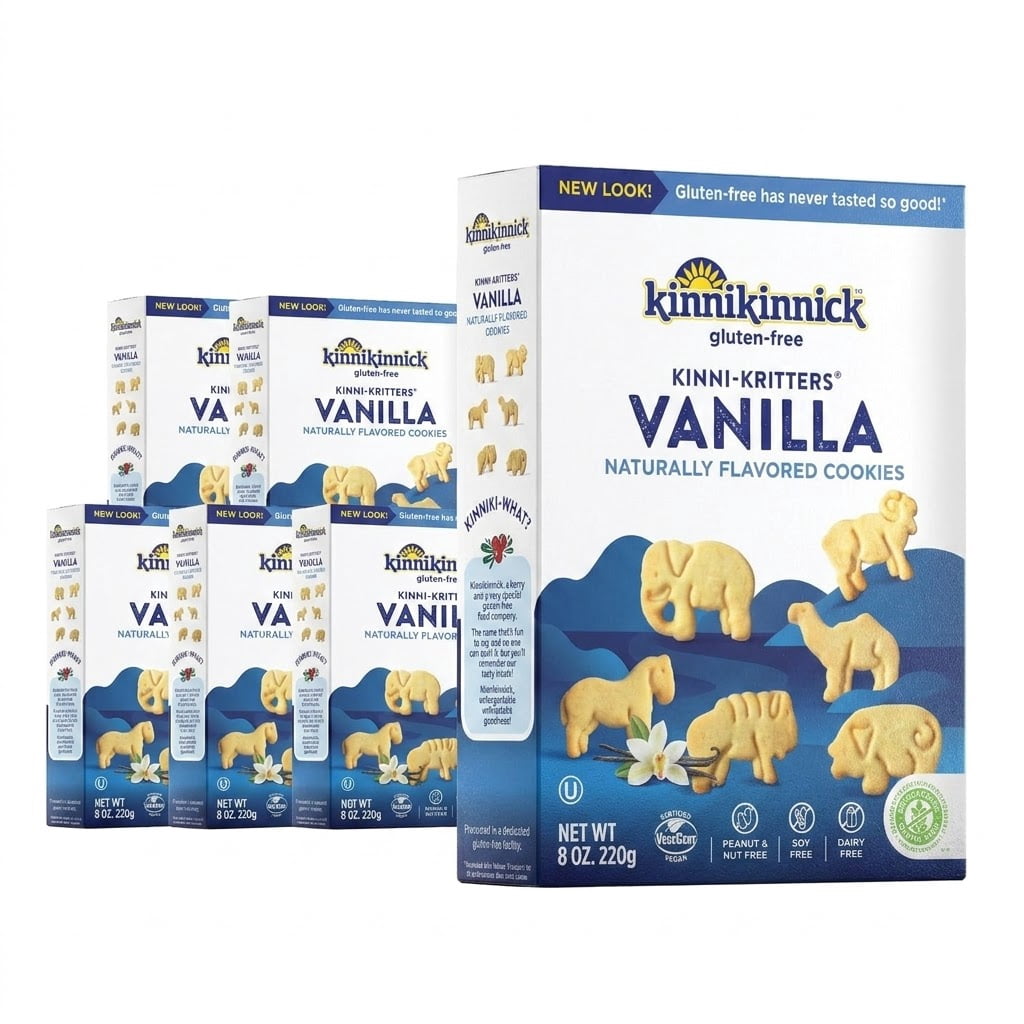 Kinnikinnick KinniKritters Vanilla Animal Cookies, Gluten Free, Vegan, Allergy Friendly Snack, Dairy Nut Soy Free, 8 oz Boxes, 6 Pack Bundle
