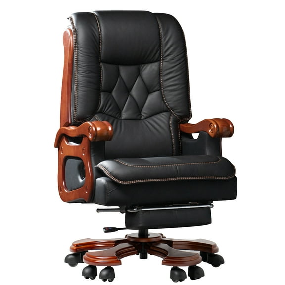 Kinnls Evan 2.0 Massage Office Chair Ergonomic Fully Reclining Office Chair Comfortable Genuine Leather Executive Office Chair with Footrest Adjustable Tilt Back Angle and Arm (Cowhide Leather-Black)