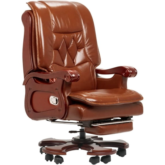 Kinnls Evan Massage Office Chair with Footrest Genuine Leather Vintage Managerial Executive Chair Fully Reclining with Solid Wood Handrail,Adjustable Tilt Back Angle (Massage Chair-Black)
