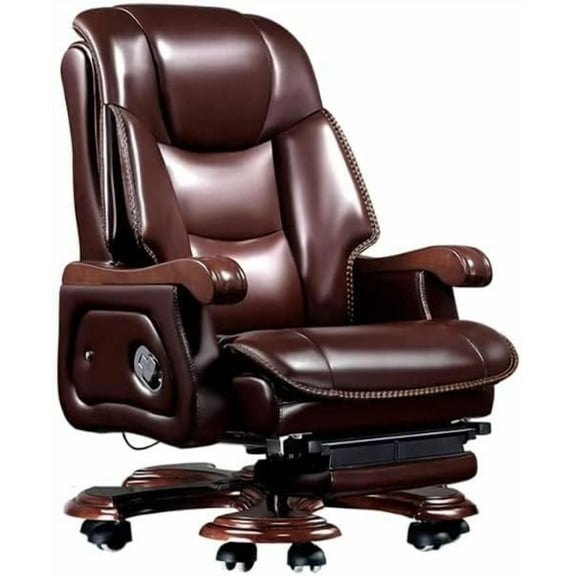 Kinnls Fully Reclining Jones Massage Office Chair,Genuine Leather Managerial Executive Home Office Desk Chairs Swivel Task Chair, Adjustable Back and Retractable Footrest