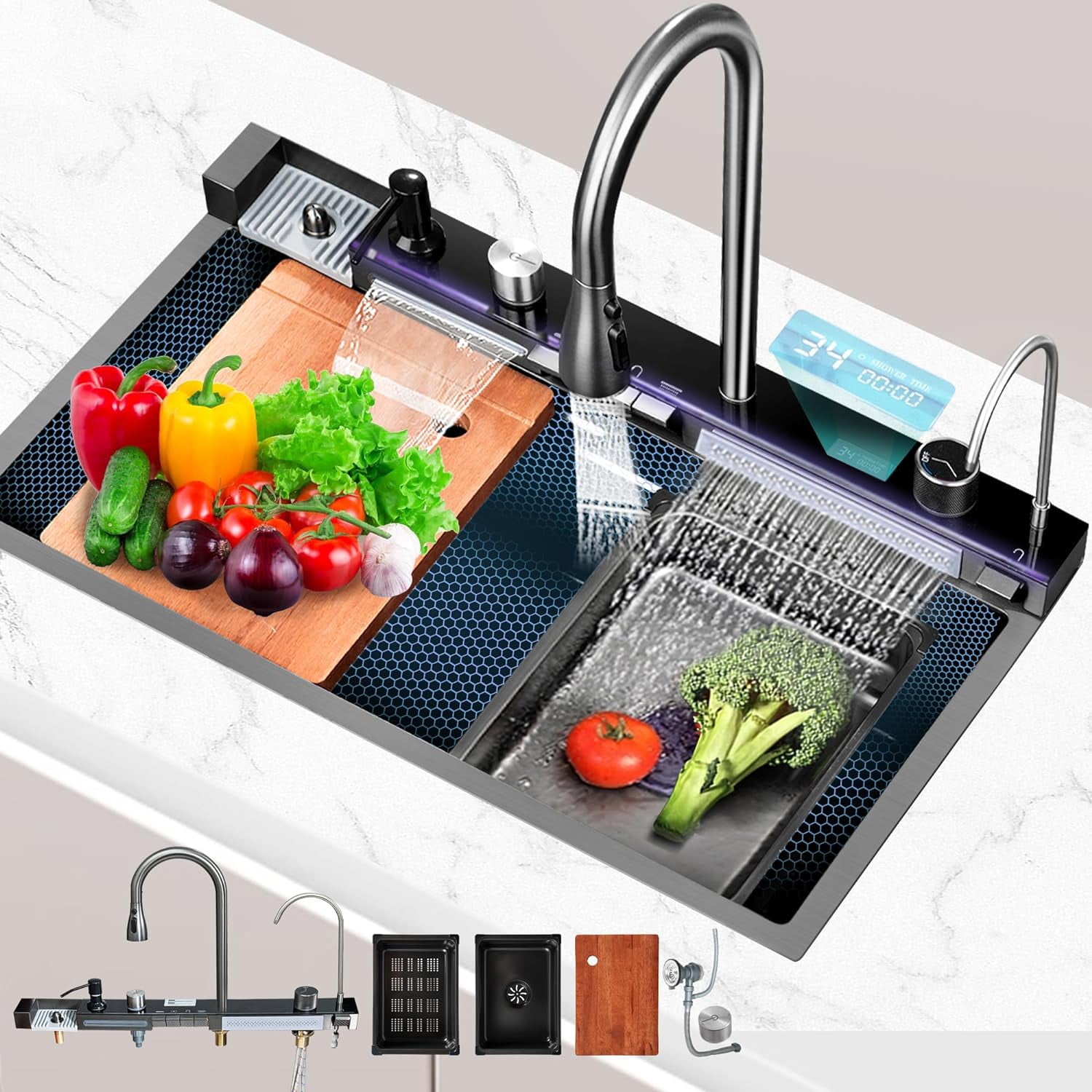 Kinnls Kitchen Sink Stainless Steel Undermount Black Nano Flying Rain  Waterfall Farmhouse Sink Single Bowl with Multifunctional Digital Display  and Sink Accessories 