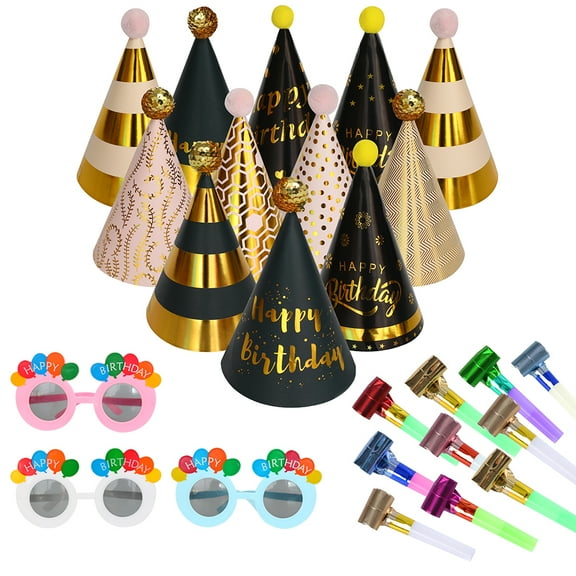 Kinno Birthday Party Hat Cake Celebration Activity Polka Dot Stripes Black Gold Birthday Hat Eyeglasses Party Blowers 16pcs for Kid Baby Adult