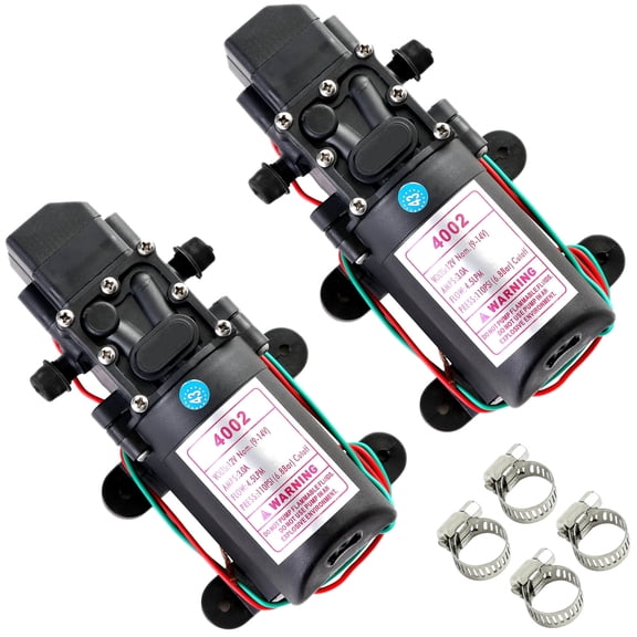 SOMETHING DIFFERENT 12V DC Fresh Water Pump with 2 Hose Clamps, Self Priming Diaphragm Pump with Pressure Switch, 4.5 L/Min 1.2 GPM 110 PSI Adjustable for RV Camper Marine Boat Lawn, 2 pack
