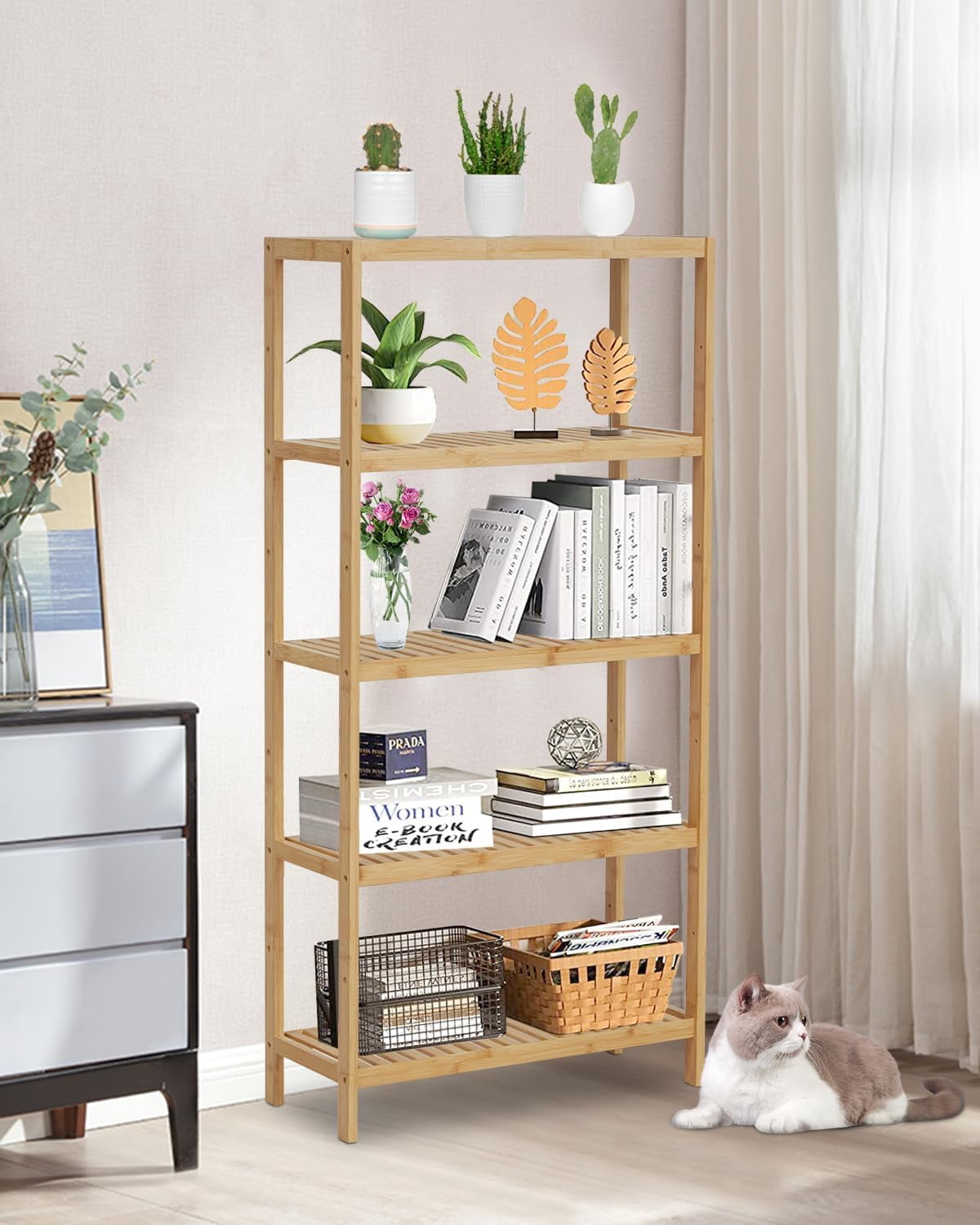 Kinpaw Bamboo Rack Bathroom Shelf 5-Tier Adjustable Tall Bookshelf ...