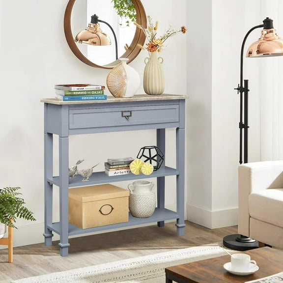 Kinpaw Console Table with Drawer - 3-Tier Farmhouse Entryway Table with Open Storage Shelves and Brass Handle, Narrow Foyer Sofa Table for Living Room, Entryway, Hallway, Rustic Blue