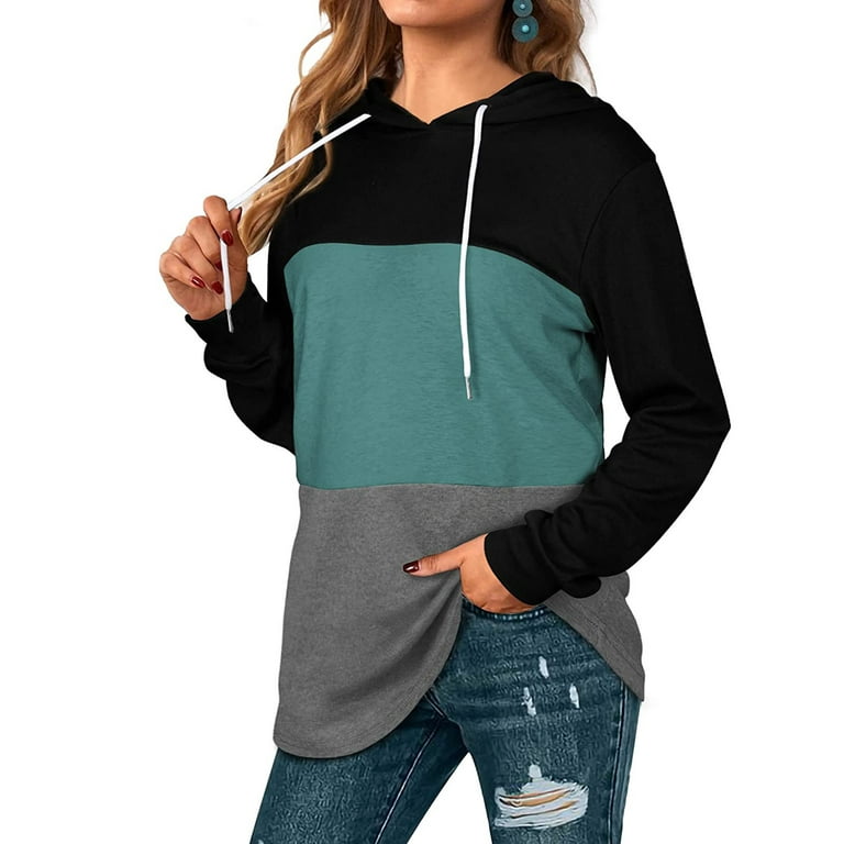 Kinple Women Casual Color Block Patchwork Pullover Long Sleeve Hoodie  Drawstring Tops Sweatshirt