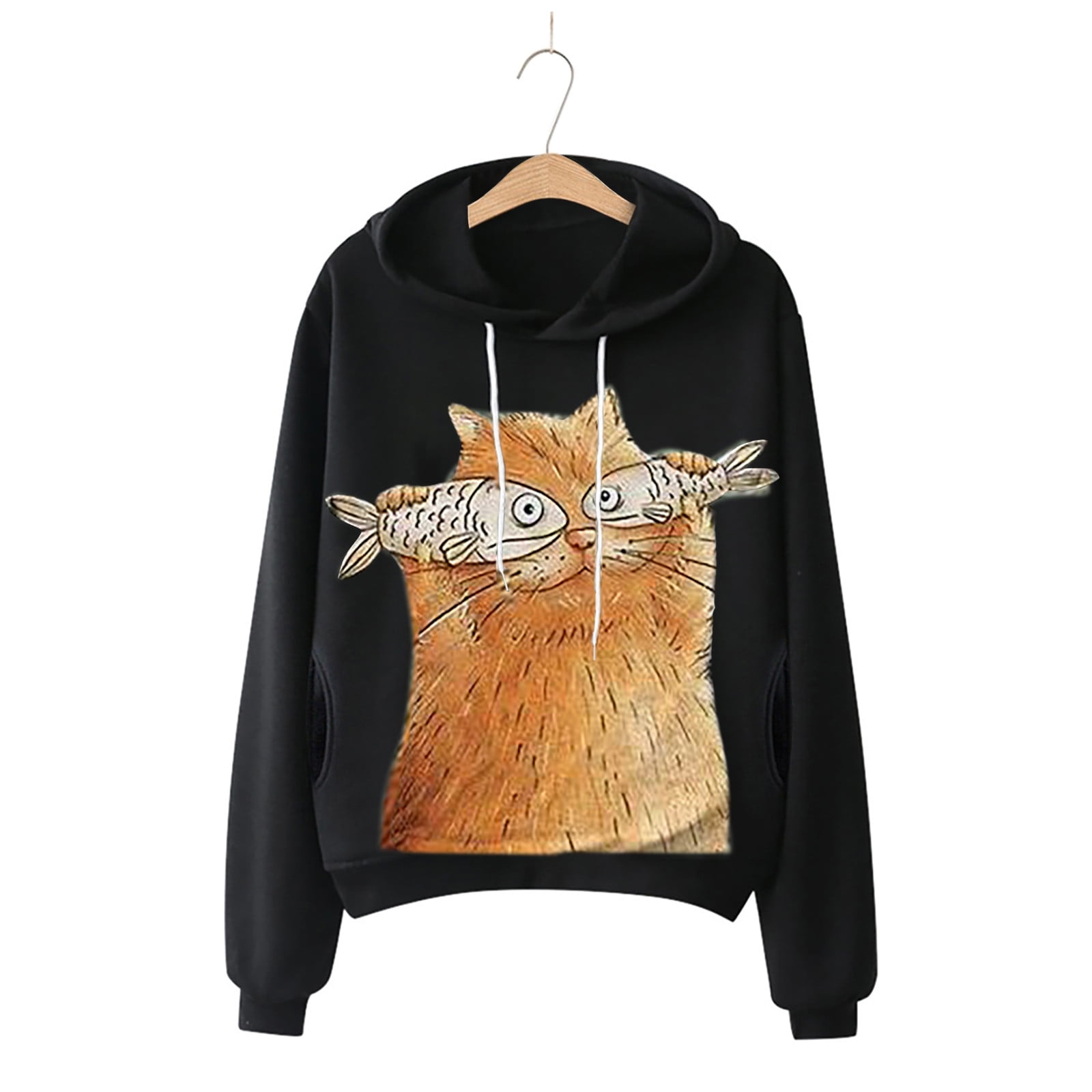Kinple Women Casual Long Sleeve Cat Print Hoodie Sweatshirt Drawstrings