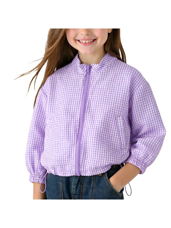 1-6 Years Girls Bomber Gingham Jacket with Pocket Lightweight Cute Vintage Plaid Print Running Fishing Travel Stand Collar Outerwear
