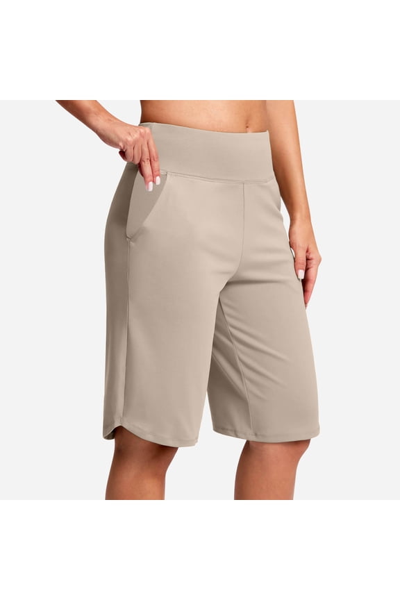12" Long Bermuda Shorts for Women Knee Length with Pockets High Waisted Stretch Shorts for Summer Walking Beige M