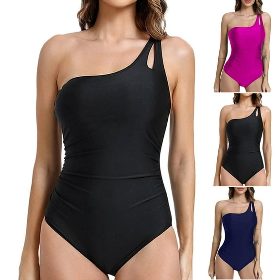 Kinrui 2026 One Piece Swimsuit for Women One Shoulder Tummy Control Bathing Suits Modest Full Coverage Athletic Swimwear Black,S