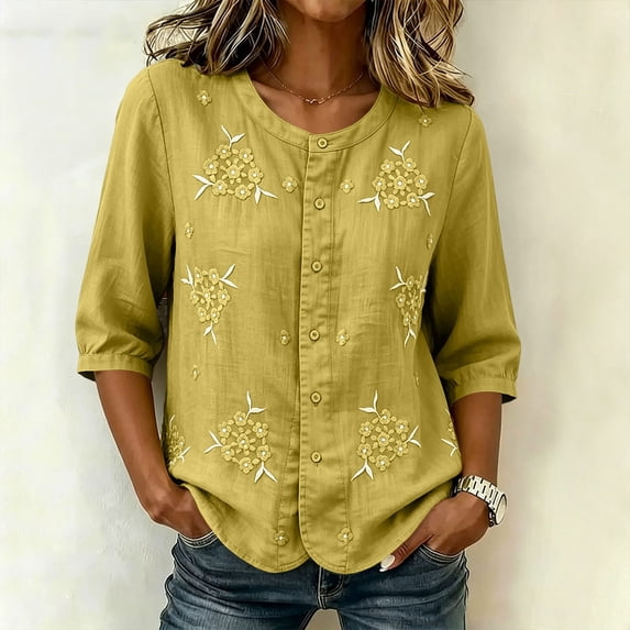 Kinrui 3/4 Sleeve Peasant Tops for Women Embroidered Dressy Casual Blouses Boho Crew Neck Tunic Shirts Yellow 3XL