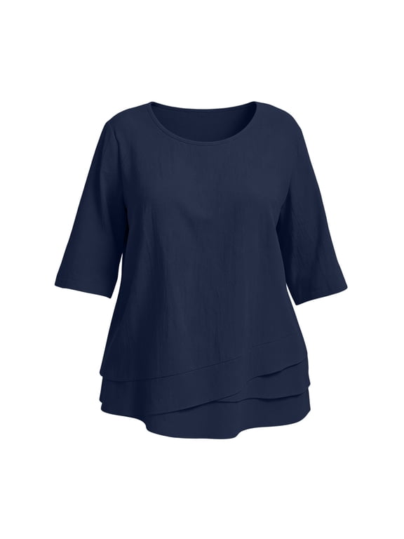 3/4 Sleeve Womens Plus Size Layered Tunic Top Casual Boho Crew Neck Trendy Summer Blouses Navy 5XL