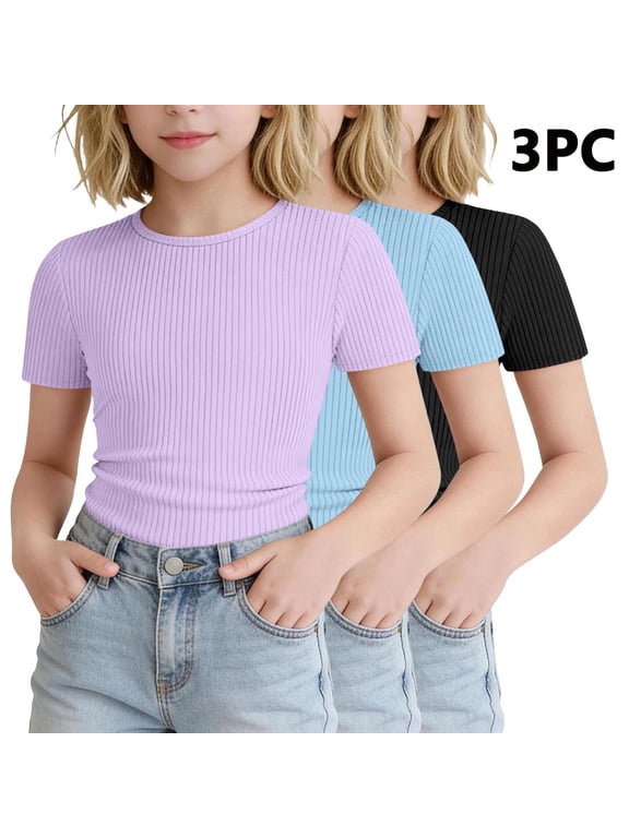 3 Pack Girls Ribbed Short Sleeve T-Shirts Summer Crewneck Slim Fit Basic Tees 5-16 Years
