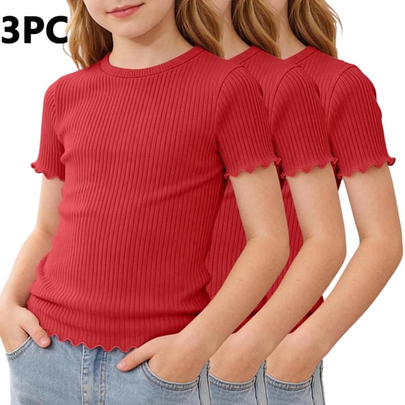 Kinrui 3PC Girls Short Sleeve T-Shirts Lettuce Hem Ribbed Knit Tops Back to School Summer Basic Tees 5-16 Years