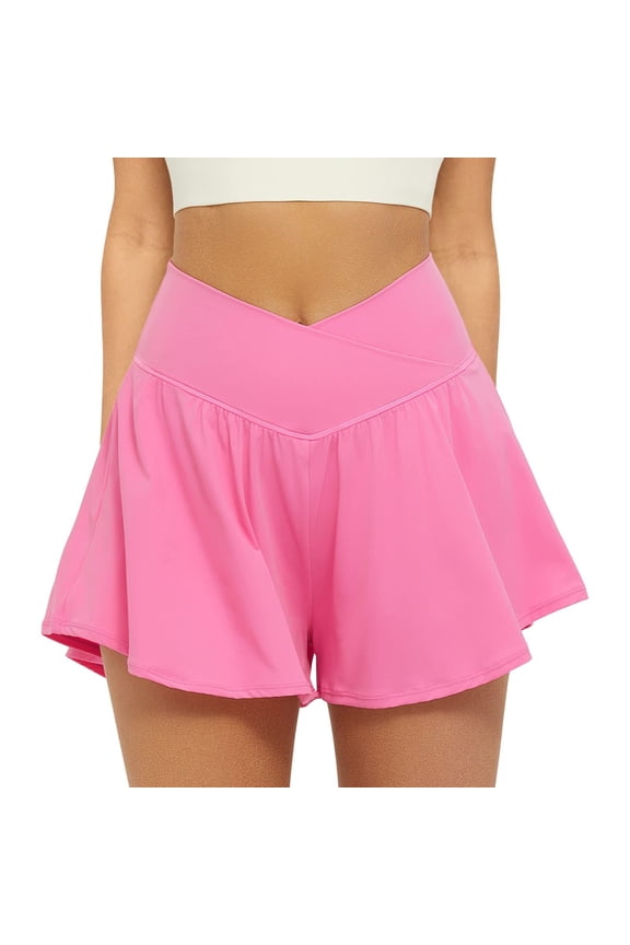 Athletic Shorts for Women Flowy Butterfly Running Shorts Crossover Tennis Gym Workout Skort with Pocket Hot Pink M