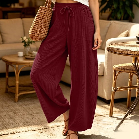Kinrui Barrel Sweatpants for Women Wide Leg Ribbed Knit Lounge Pants Drawstring Elastic Waist Sweat Pant with Pockets Wine S