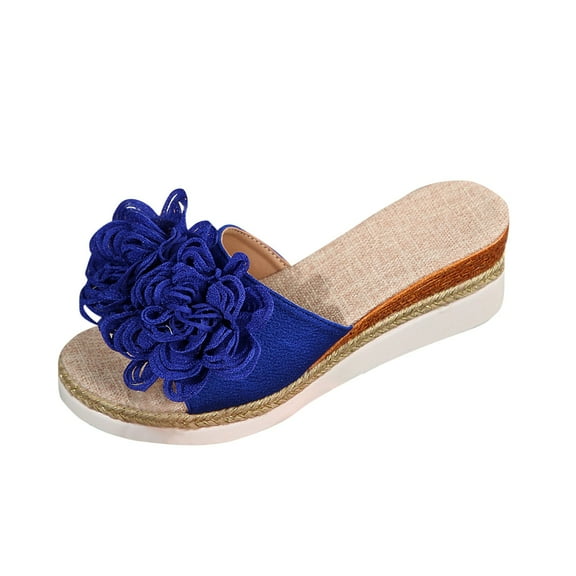 Kinrui Beach Sandals for Women Women's Fashion Casual Summer New Style Solid Color One-Line Flower Outer Wear Beach Sandals Wedge Heel Thick Bottom Slippers