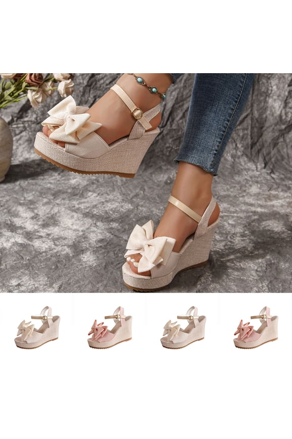 Bow Round Toe Wedge Sandals for Women Spring Summer Beach Wear with One-Strap Design 9